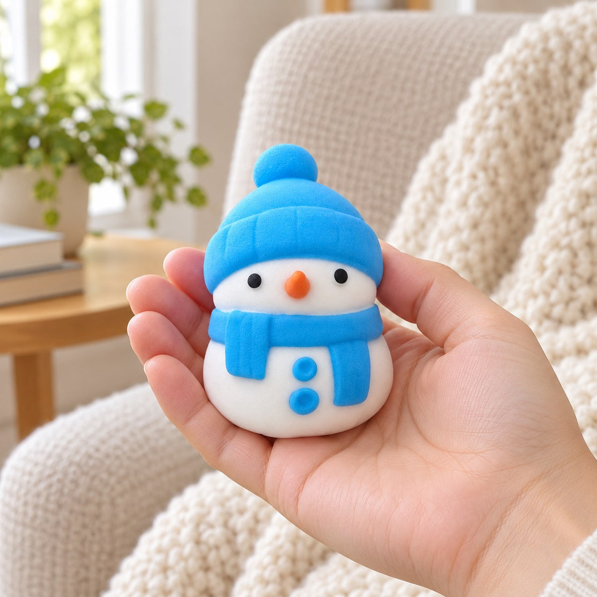 Snowman Squishy, Mochi Soft and Slow Rising (blue), held in a hand to show the real size