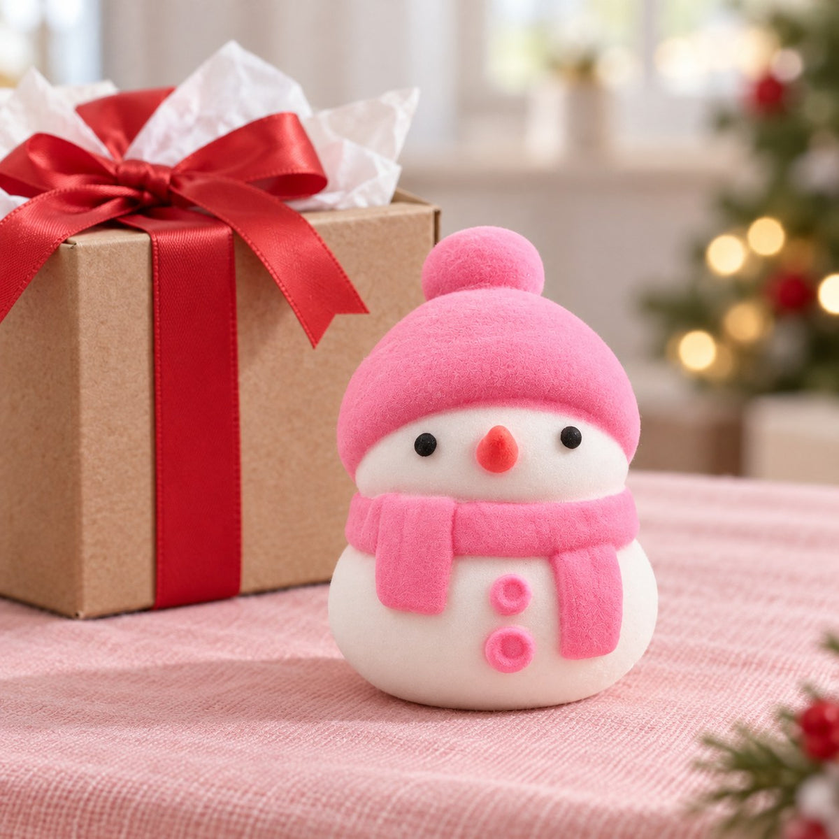 Snowman Squishy, Mochi Soft and Slow Rising (pink), as a small gift next to a wrapped box