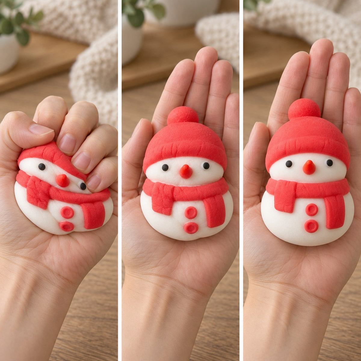 Snowman squishy christmas (red), squished flat, half risen and fully back in shape