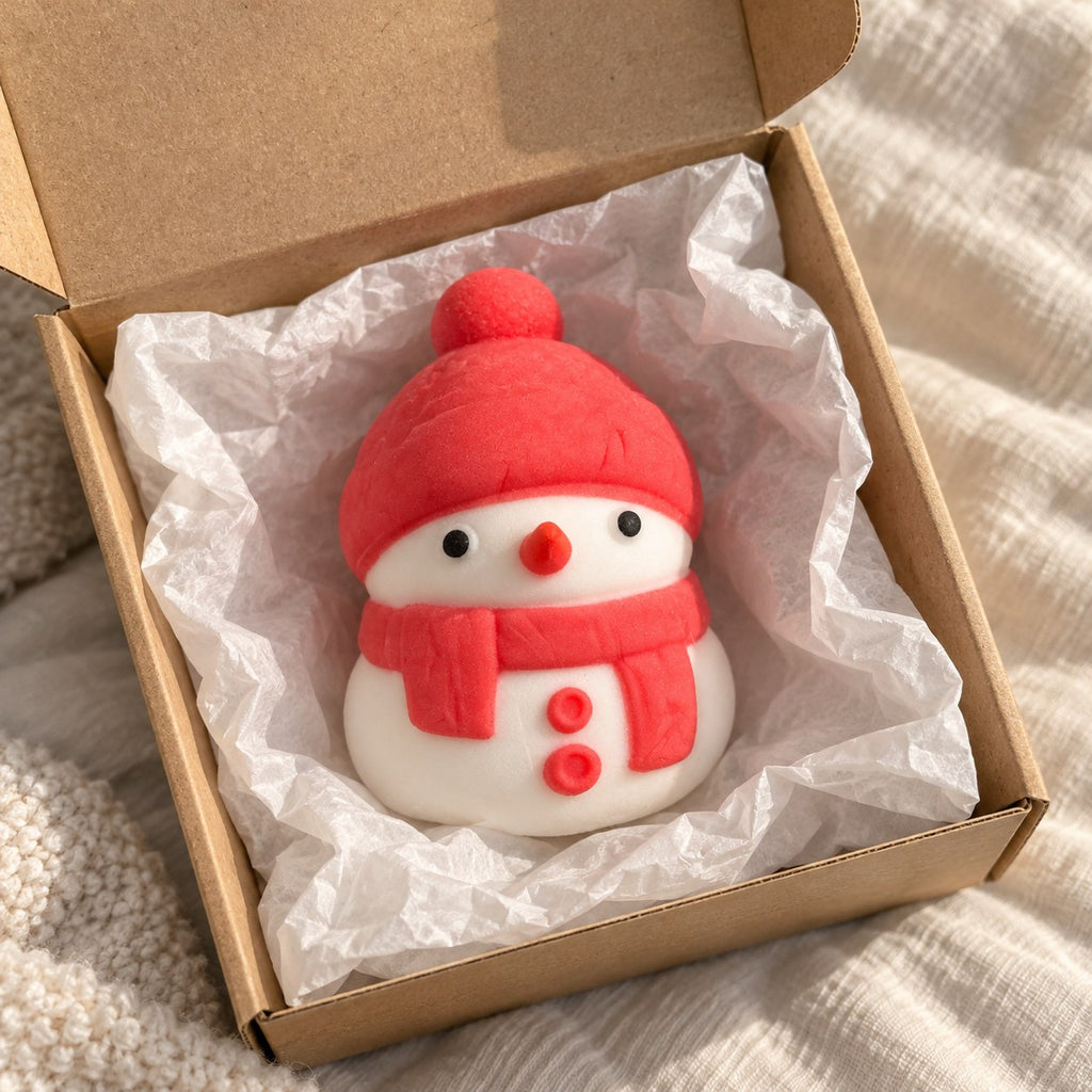 Snowman squishy (red), unboxed from a parcel with tissue paper