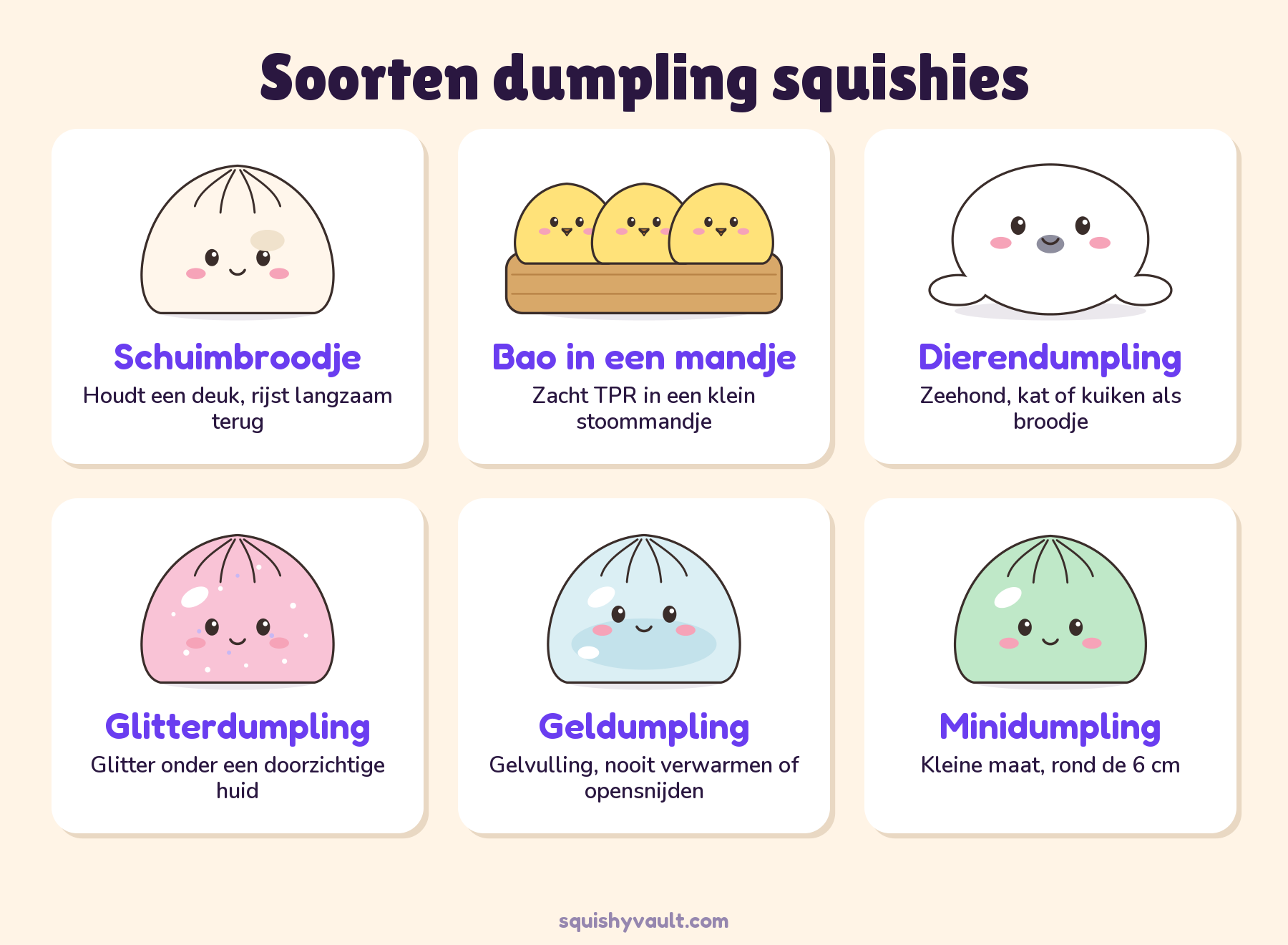 Zes soorten dumpling squishies, schuimbroodje, bao in een mandje, dier, glitter, gel en mini