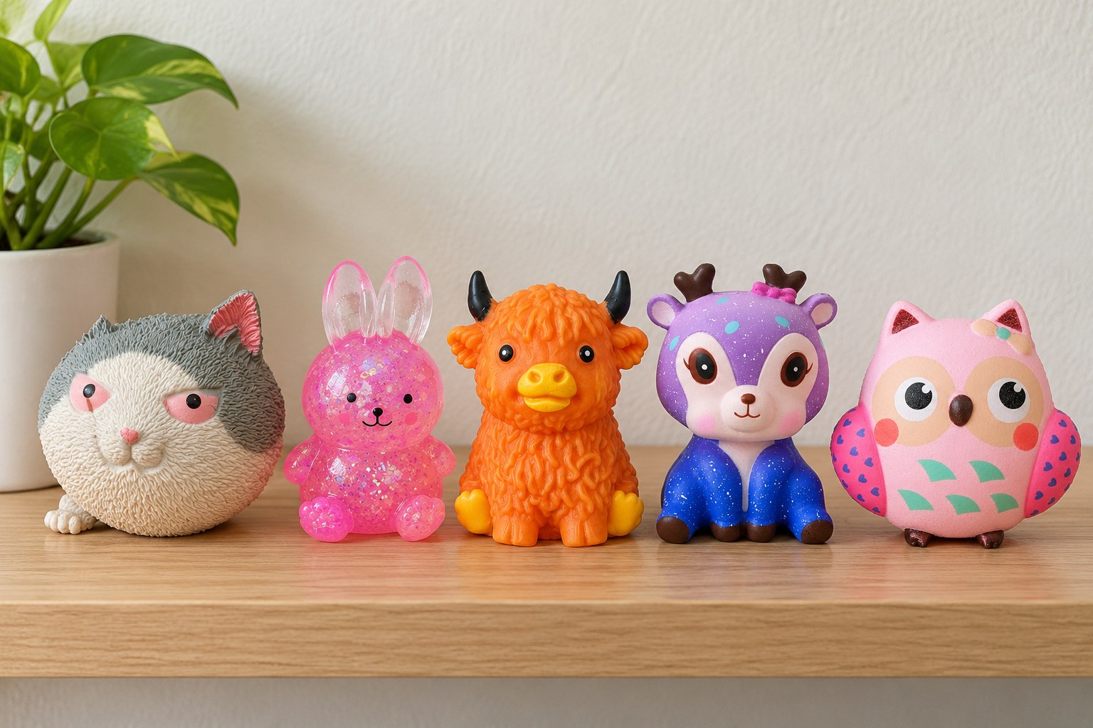 Cinco squishies de animais numa prateleira de madeira: gato zangado, coelho rosa com brilhantes, vaca das Highlands, veadinho galáxia e coruja rosa