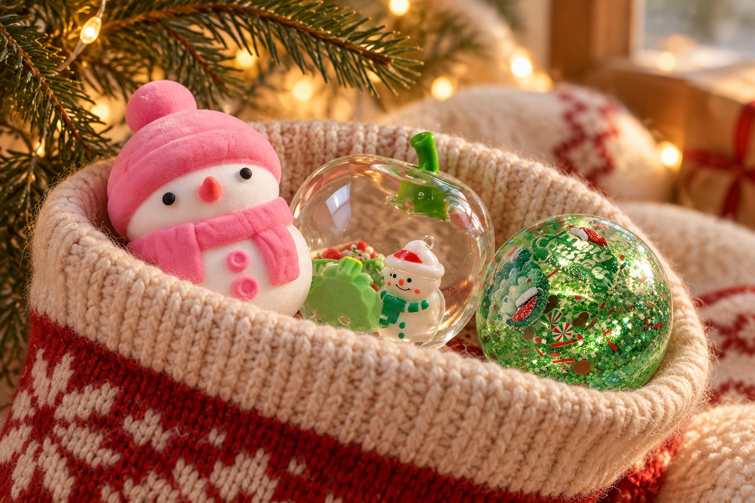 Squishy Christmas gift in a knitted stocking: snowman, clear apple and glitter ball squishies peeking out