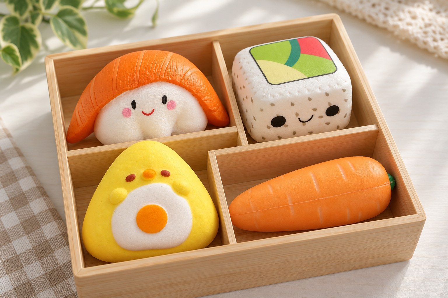 Caixa bento de madeira com squishies de comida: nigiri de salmão, rolo de sushi, pintainho onigiri e cenoura crunchy