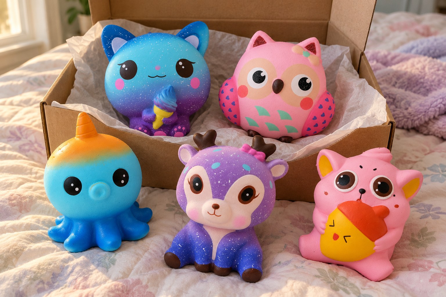 Squishy mystery box aberta numa cama, com cinco animais slow rising: gato galáxia, coruja, polvo, veadinho e gato gordinho