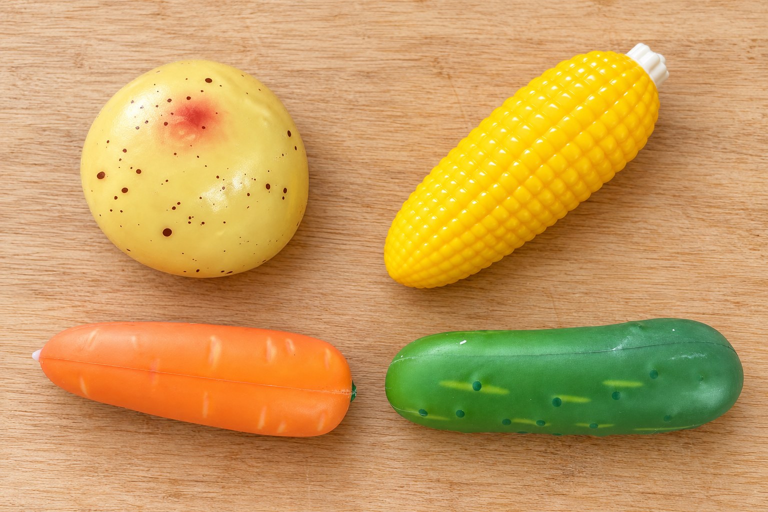 Pack de squishies crunchy de legumes numa tábua de madeira: batata, maçaroca de milho, cenoura e pepino