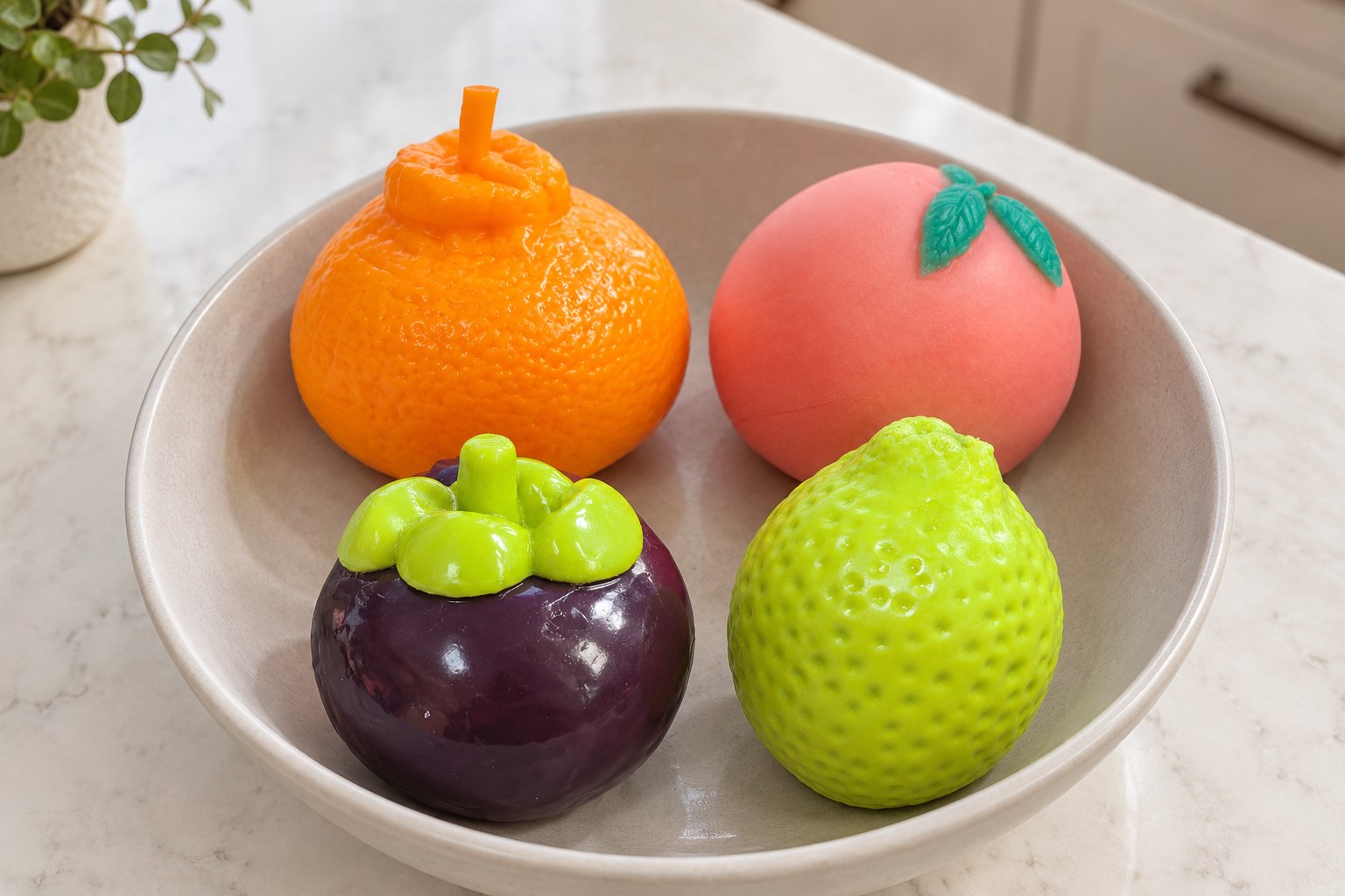 Cuenco gris de cerámica con squishies crunchy de fruta: naranja, melocotón, mangostán y limón