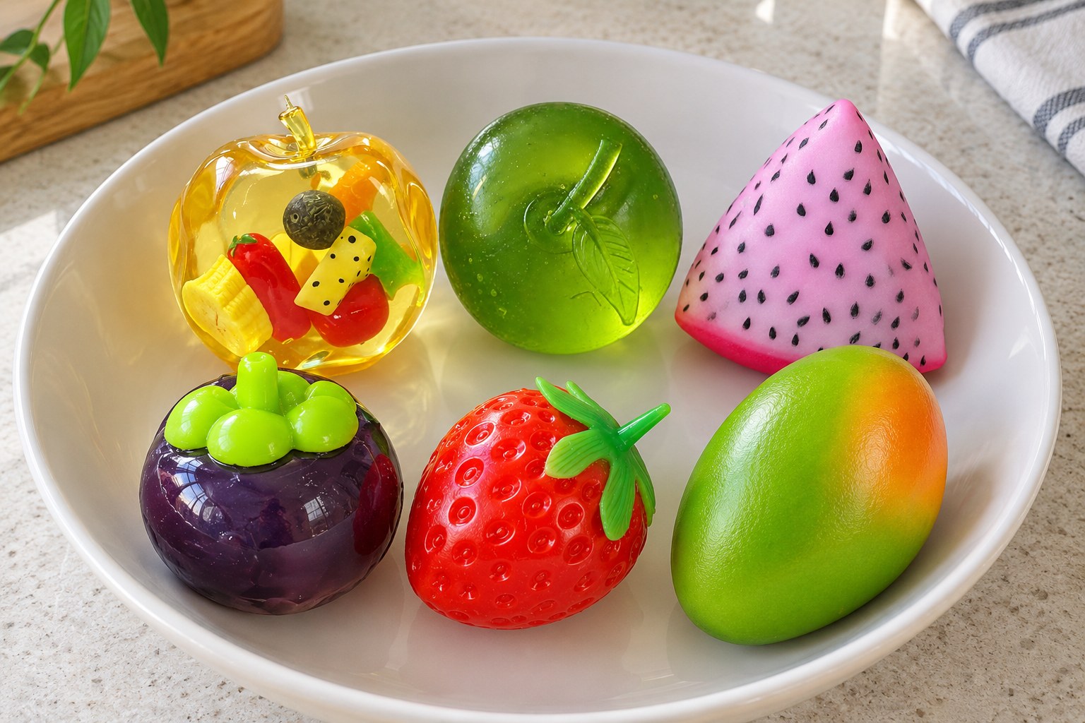 Frutero blanco con seis squishies de fruta: manzana transparente, manzana verde, pitaya, mangostán, fresa y mango