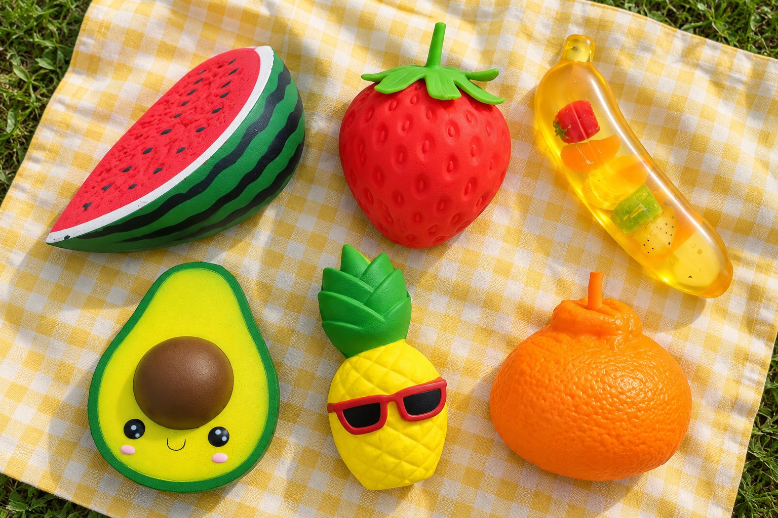 Squishies fruits vus du dessus sur un plaid de pique-nique jaune : pastèque, fraise géante, banane, avocat, ananas et orange