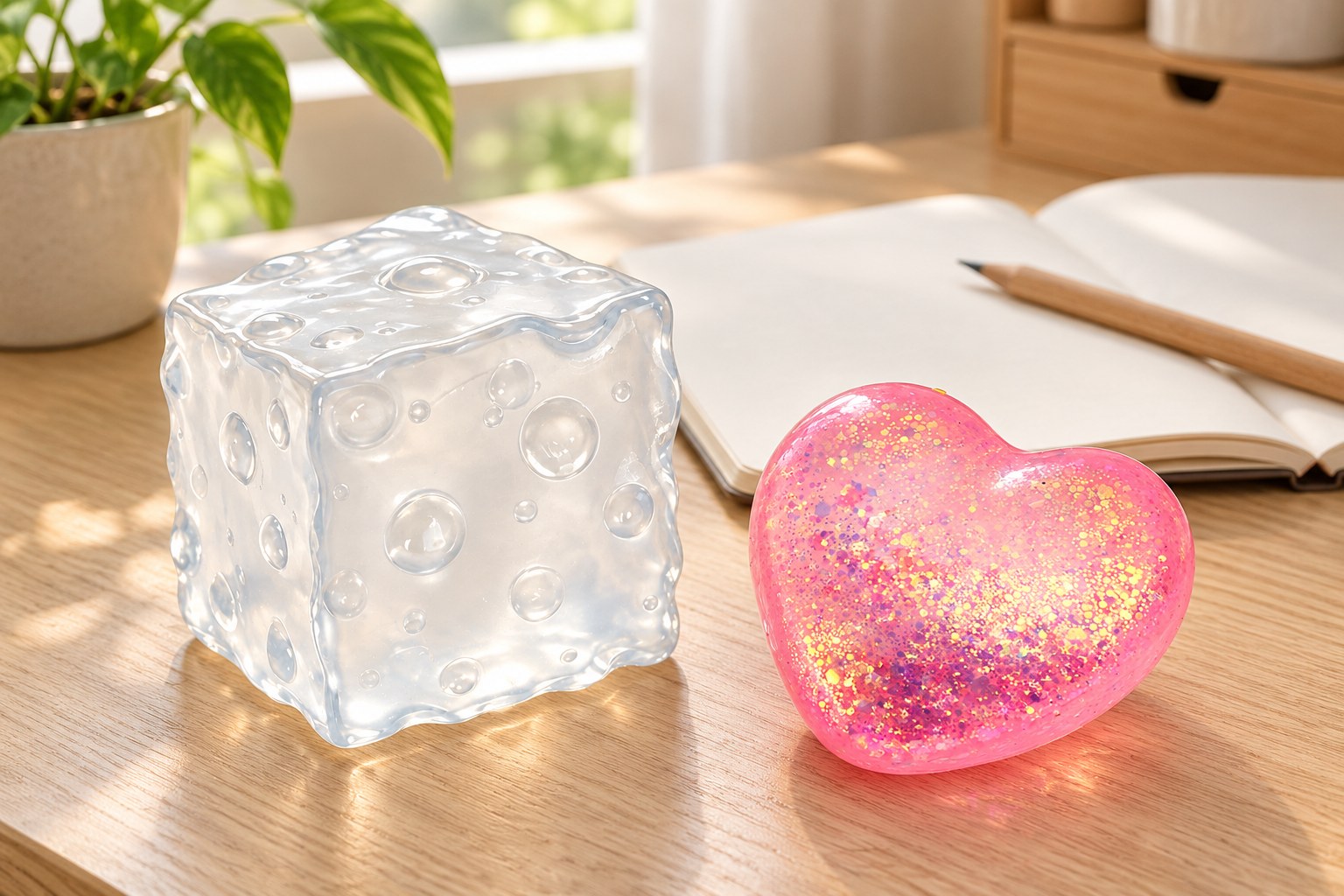 Squishy de cubo de queijo gelatina transparente e coração cor-de-rosa com brilhantes numa secretária de madeira ao lado de um caderno em branco
