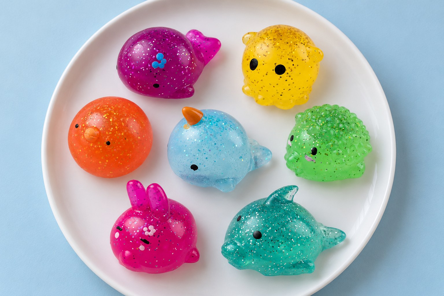 Siete squishies mochi de animales con purpurina en una bandeja blanca: ballena, pulpo, narval, pollito, erizo, conejo y delfín