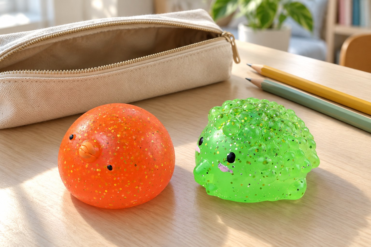 Squishies mochi de pintainho laranja e de ouriço verde com brilhantes ao lado de um estojo aberto e dois lápis