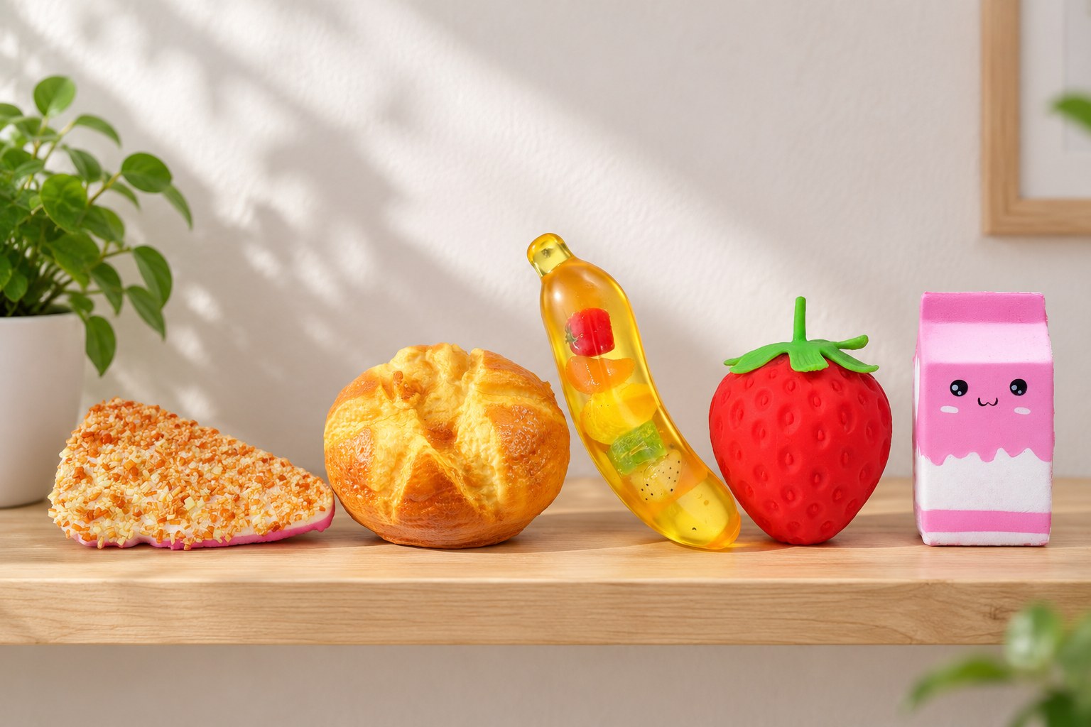 Cinq squishies nourriture XXL sur une étagère en bois : part de gâteau arc-en-ciel, pain rond, banane géante, fraise géante et brique de lait