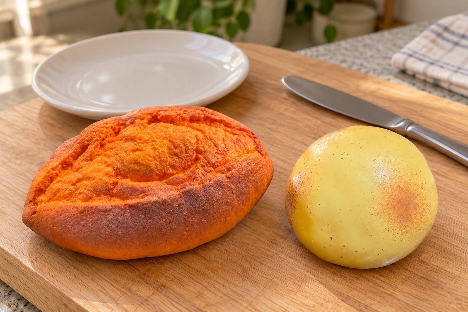Squishy a forma di cibo su un tagliere con coltello da burro: patata dolce squishy e patata squishy