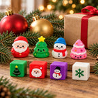 Squishy Advent Calendar with 24 Christmas Squishies, in a Christmas scene with fir branches and fairy lights