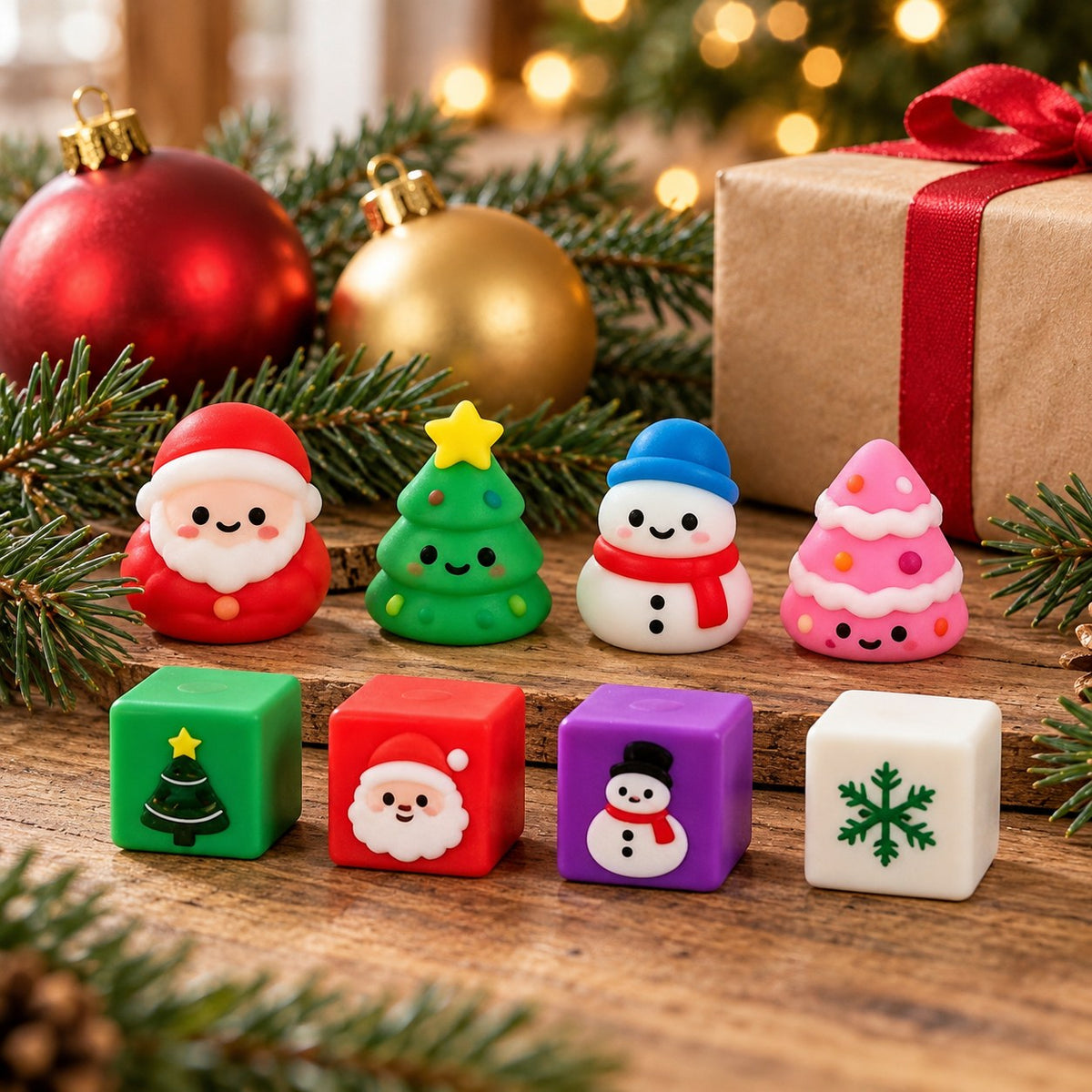 Squishy Advent Calendar with 24 Christmas Squishies, in a Christmas scene with fir branches and fairy lights