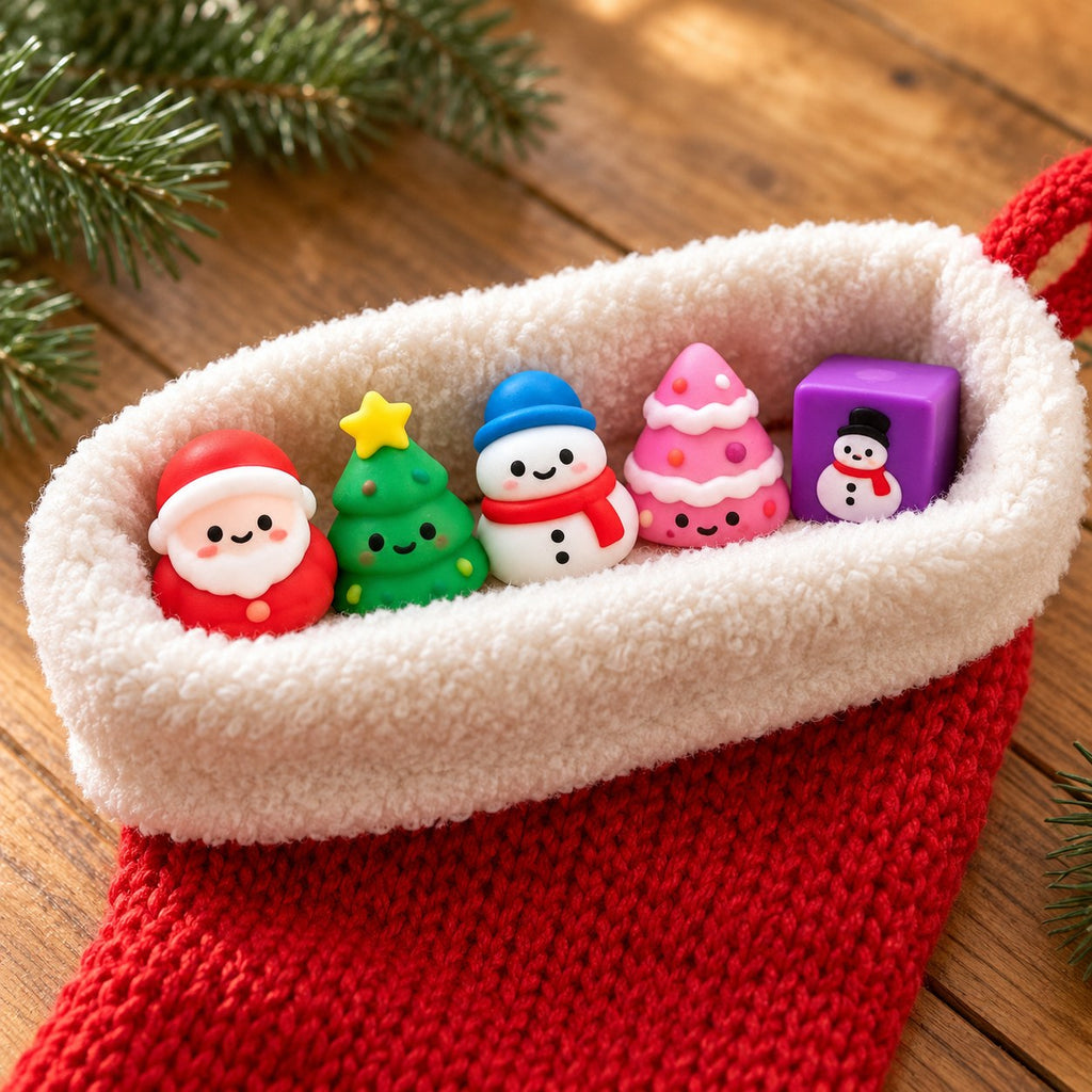 Squishy Advent Calendar with 24 Christmas Squishies, peeking out of a Christmas stocking