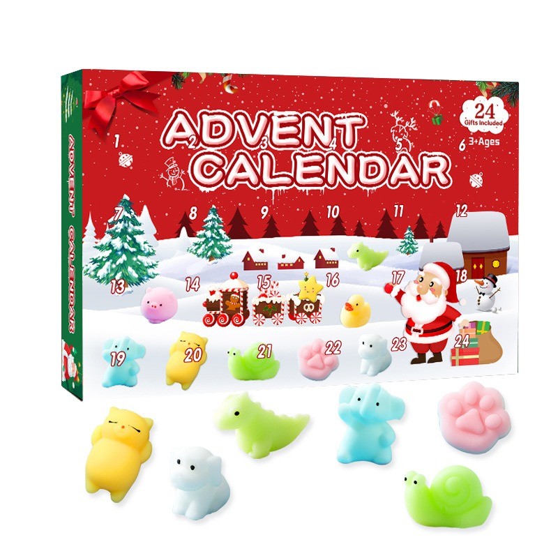 Squishy advent calendar with 24 mini mochi squishies, Christmas box with cats, dino and snail in front