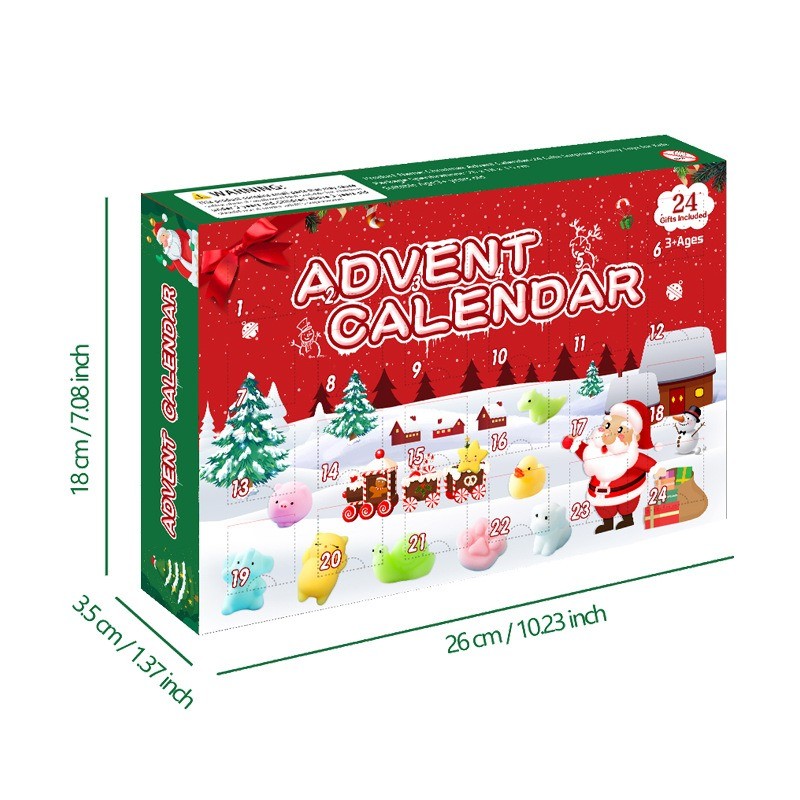Squishy advent calendar box measuring 26 × 18 × 3.5 cm