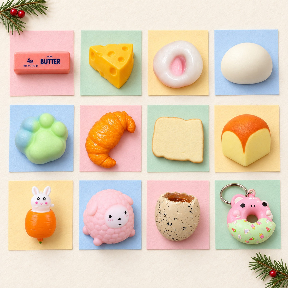 Squishy advent calendar fillers: 12 different squishies laid out in rows like calendar doors on pastel paper
