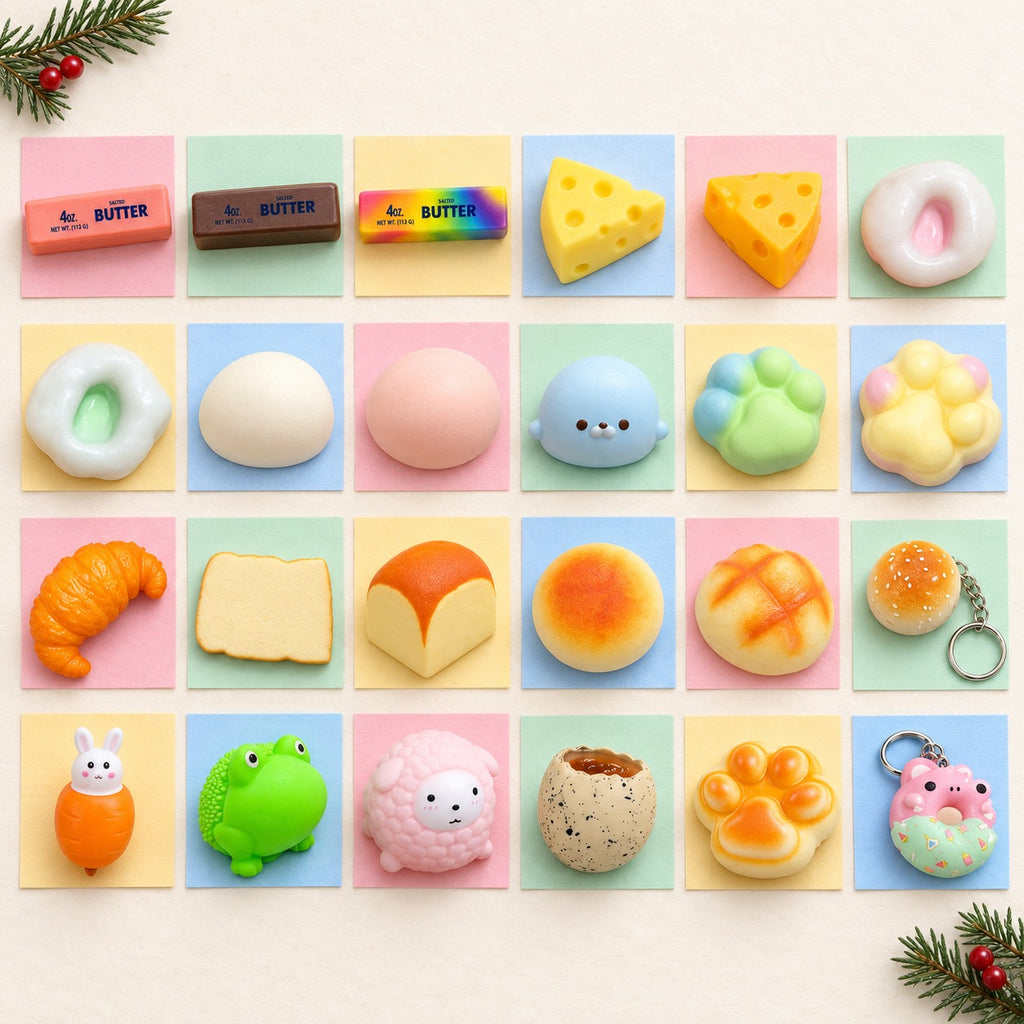 Squishy advent calendar fillers: 24 different squishies laid out in rows like calendar doors on pastel paper