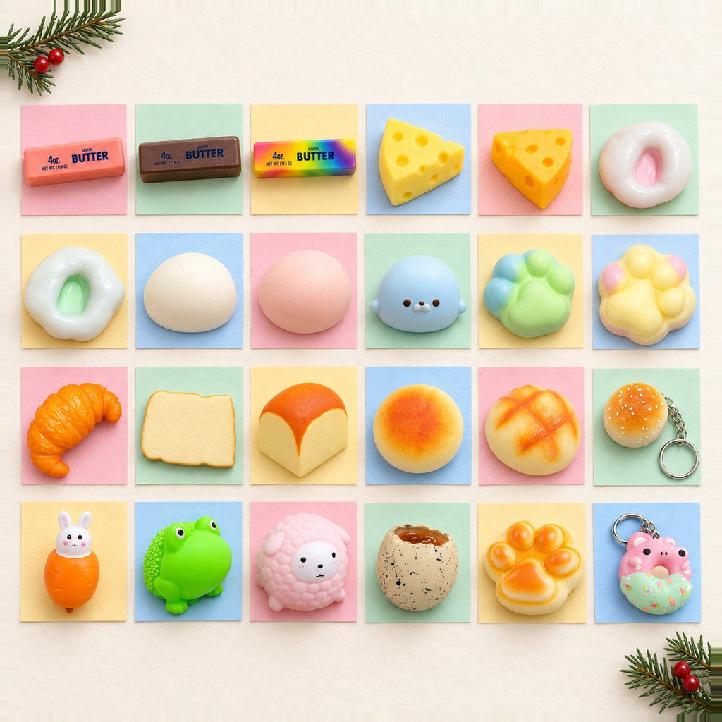 Squishy adventní kalendář k naplnění: 24 různých squishy v řadách jako okénka na pastelovém papíře