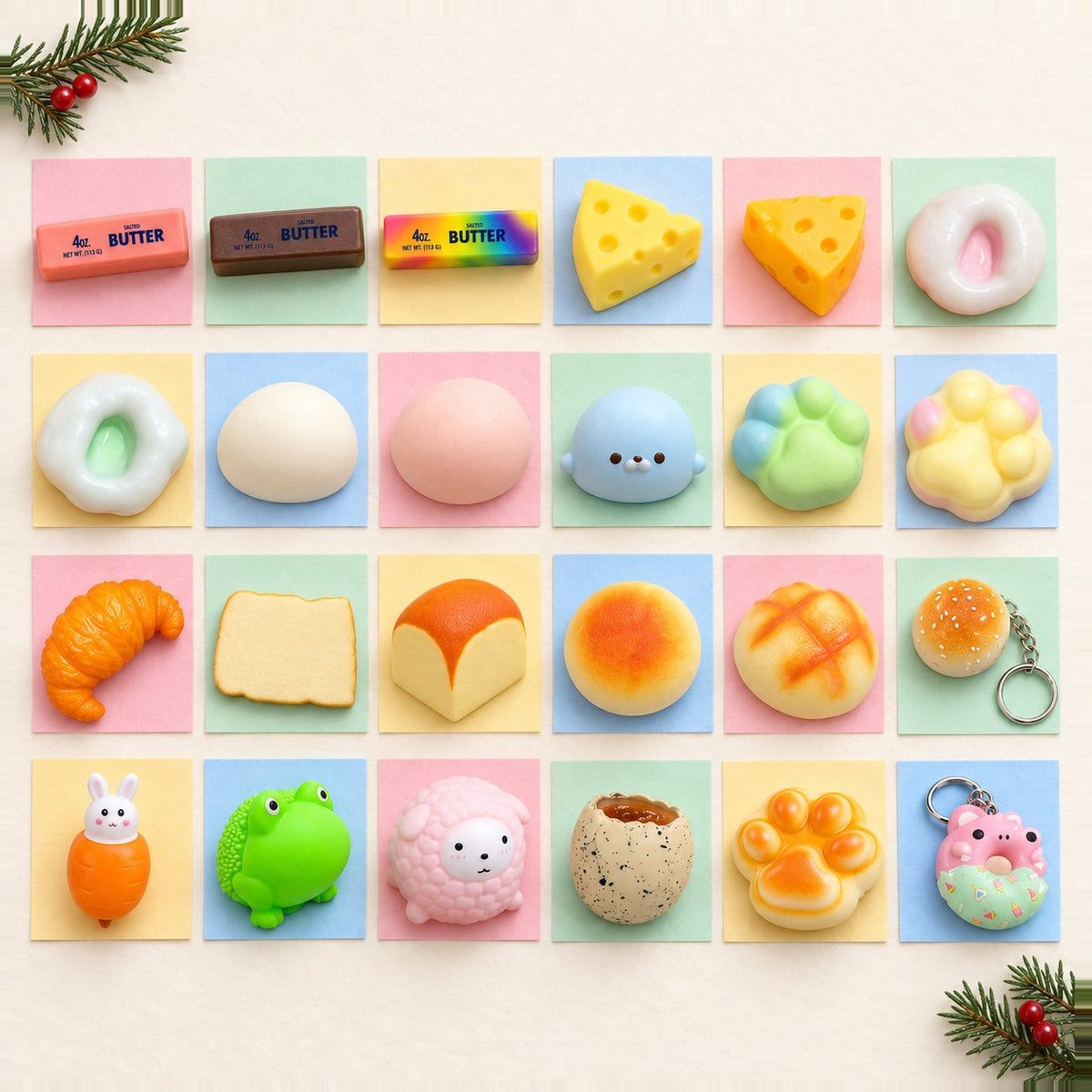 Squishy adventní kalendář k naplnění: 24 různých squishy v řadách jako okénka na pastelovém papíře