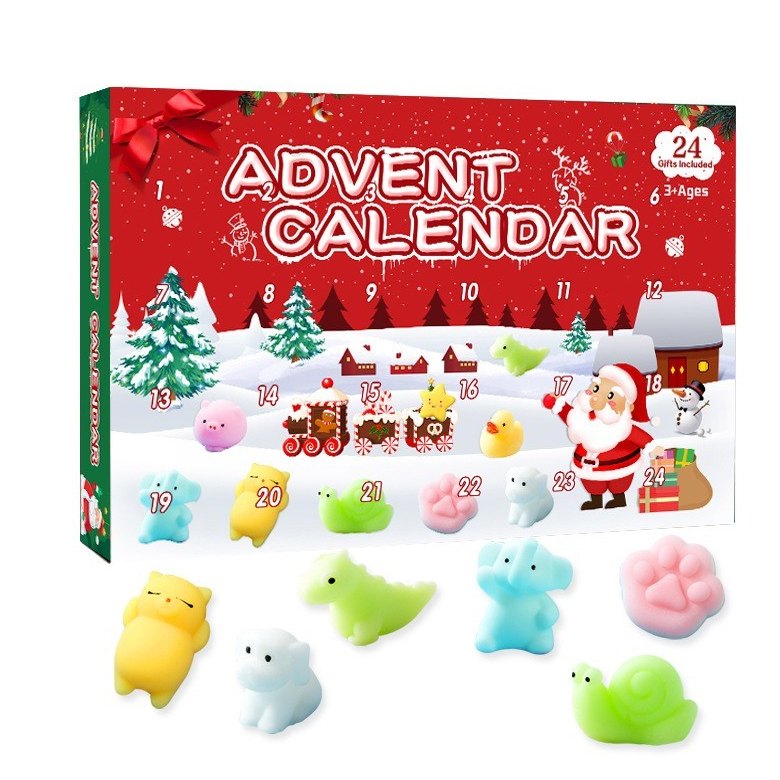Squishy adventní kalendář: vánoční krabice s 24 mini mochi, vpředu kočky, dino a šnek