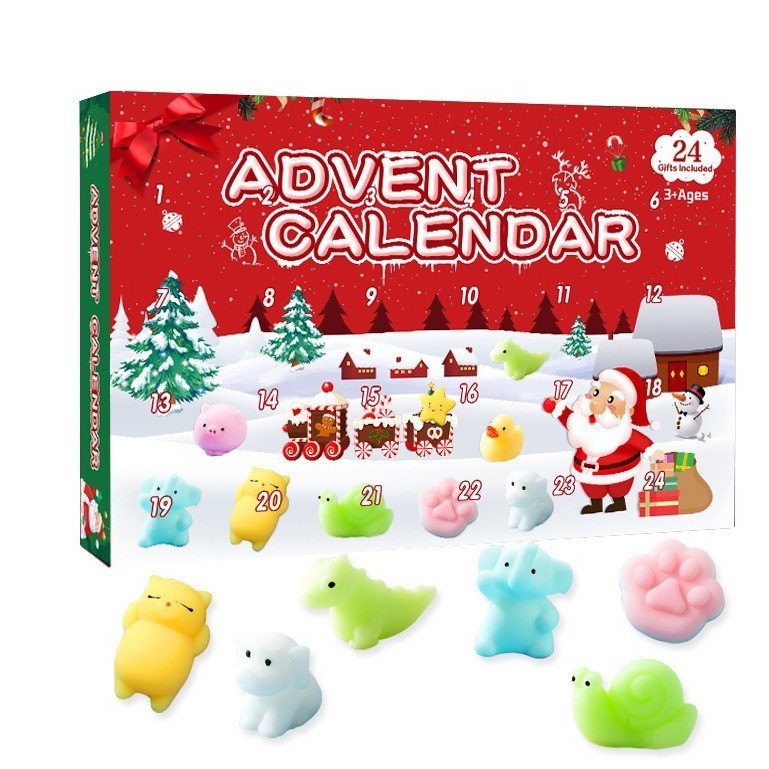 Squishy adventskalender: kerstdoos met 24 mini mochi's, vooraan katten, een dino en een slak