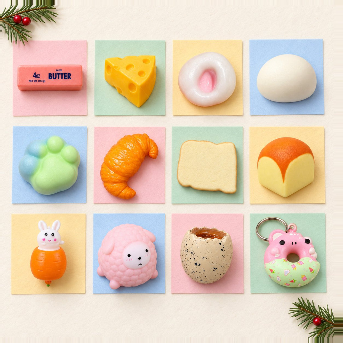 Squishy Adventskalender selbst befüllen: 12 verschiedene Squishys in Reihen wie Türchen auf Pastellpapier