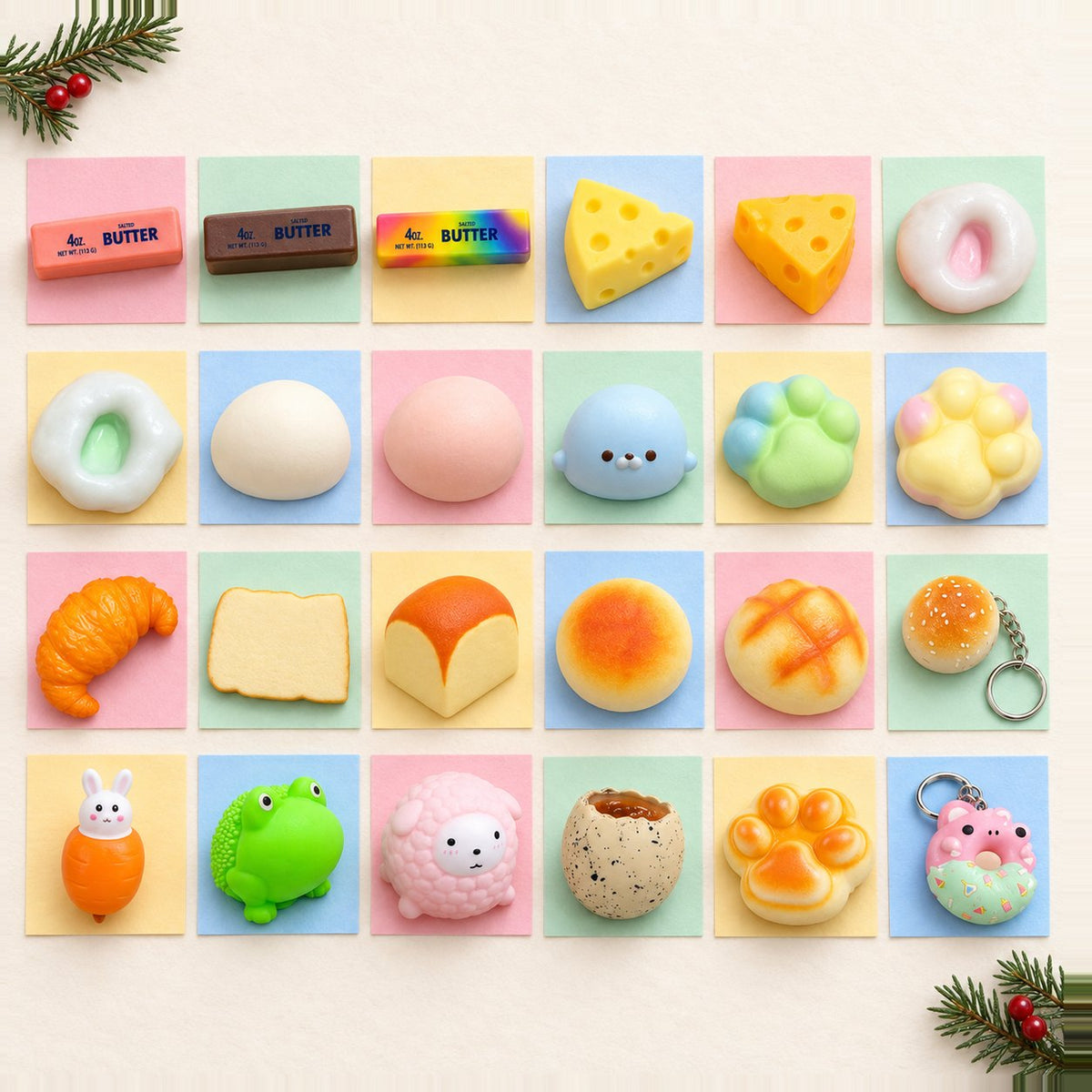 Squishy Adventskalender selbst befüllen: 24 verschiedene Squishys in Reihen wie Türchen auf Pastellpapier