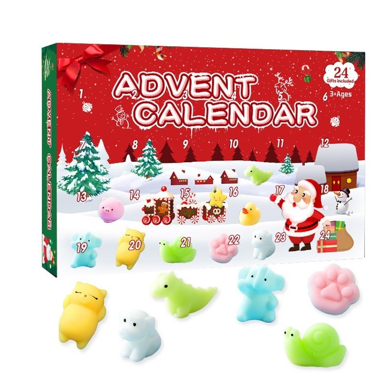 Squishy Adventskalender: Weihnachtsbox mit 24 Mini-Mochis, davor Katzen, Dino und Schnecke