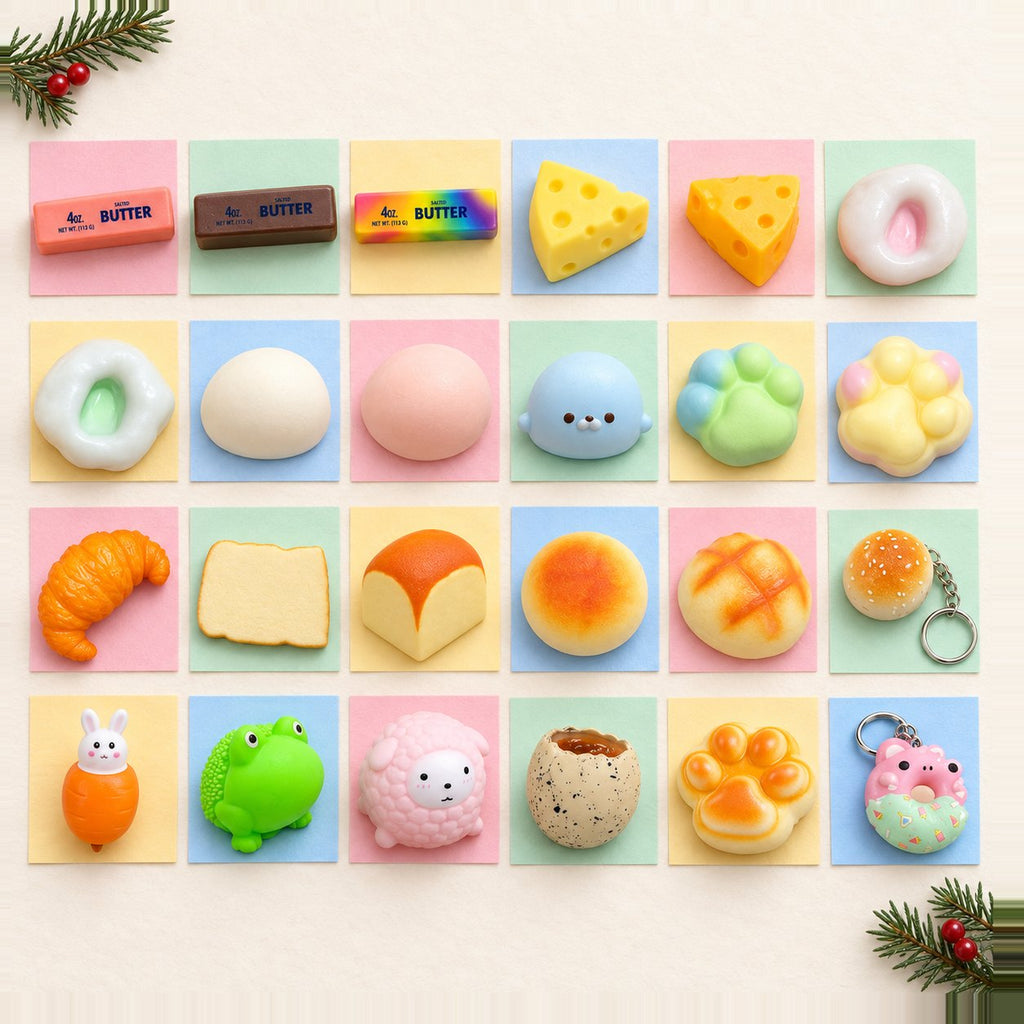 Squishy adventskalender zelf vullen: 24 verschillende squishies in rijen als deurtjes op pastelpapier