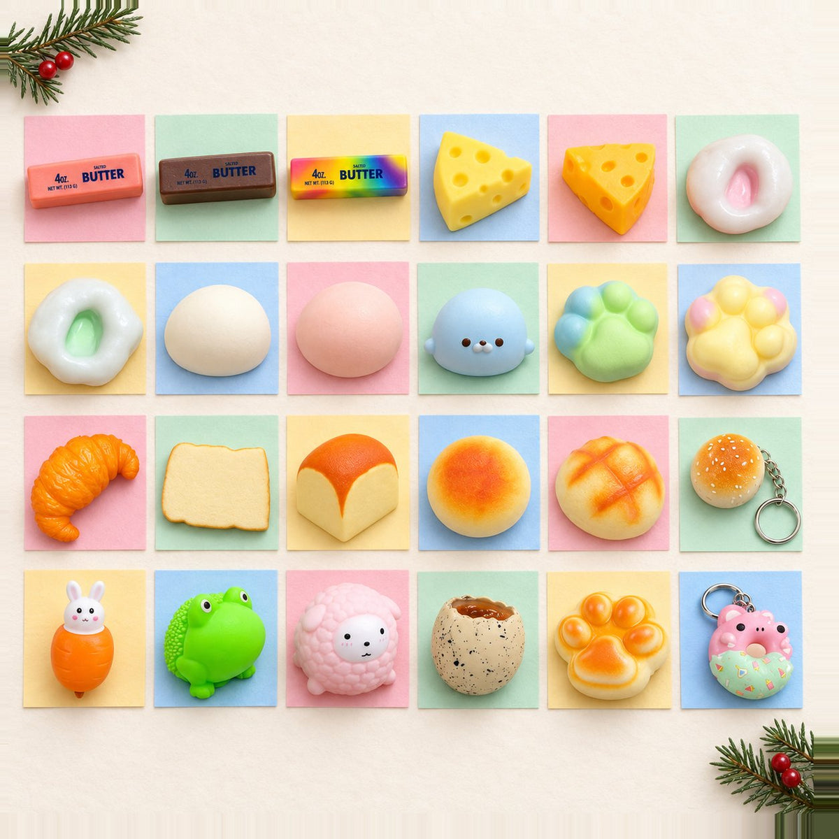 Squishy adventskalender zelf vullen: 24 verschillende squishies in rijen als deurtjes op pastelpapier