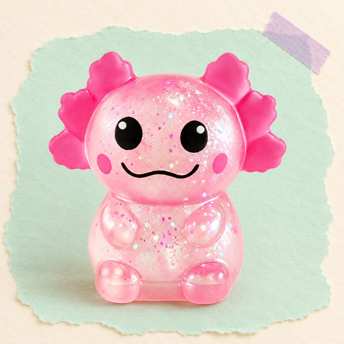 Squishy axolote com brilhantes, slow rising, em rosa sobre papel pastel
