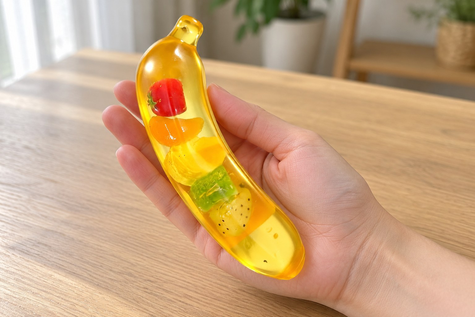 Squishy frutta: mano che tiene una banana gigante gialla e trasparente