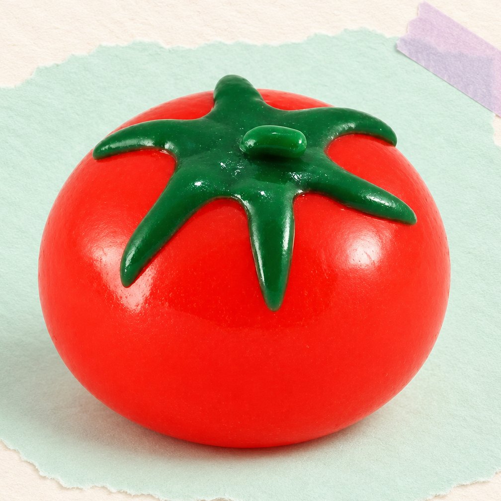 Squishy bola de agua: tomate, uva o limón, sobre papel pastel