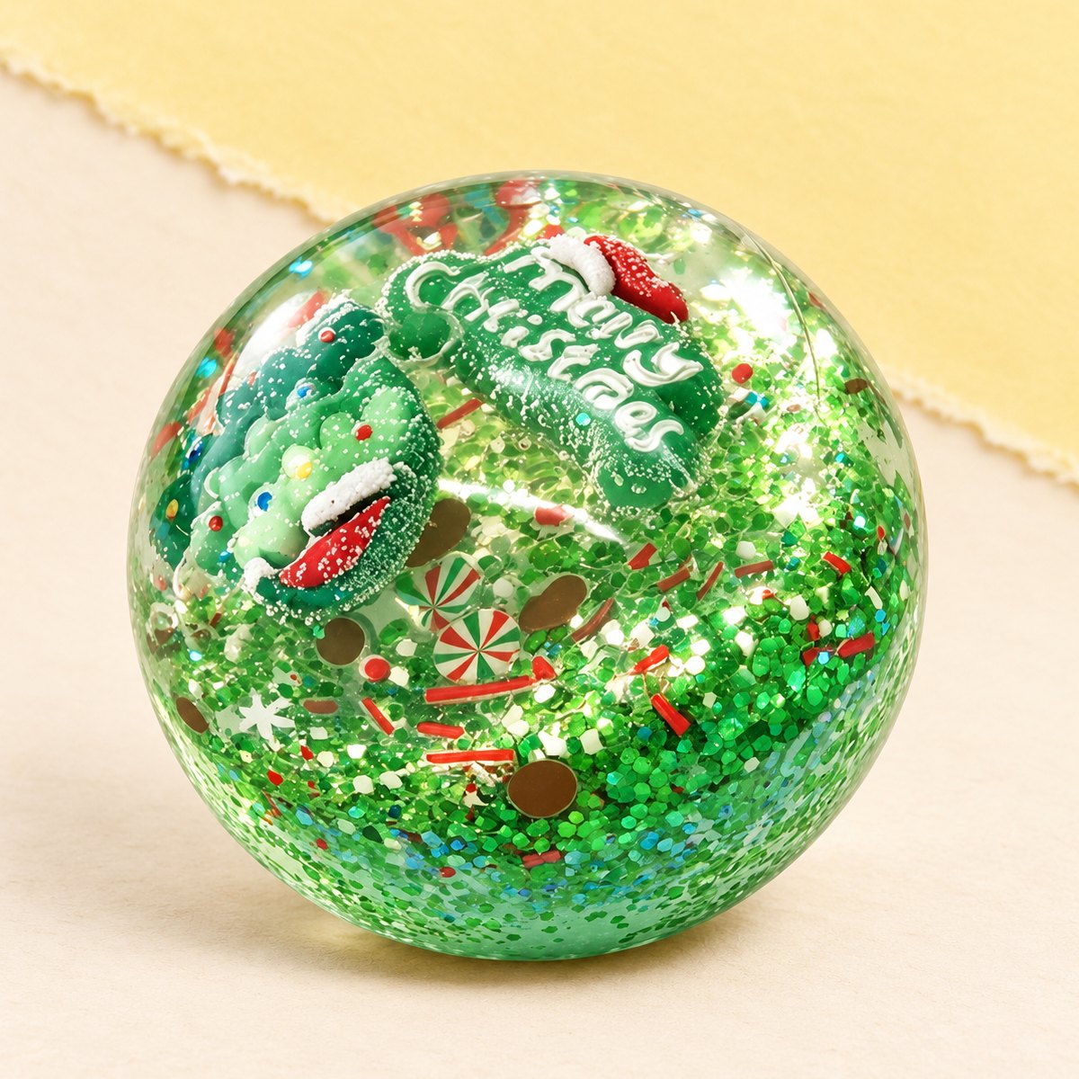 Squishy bola de Natal de óleo de coco, 6,5 cm, com floco de neve verde, sobre papel pastel