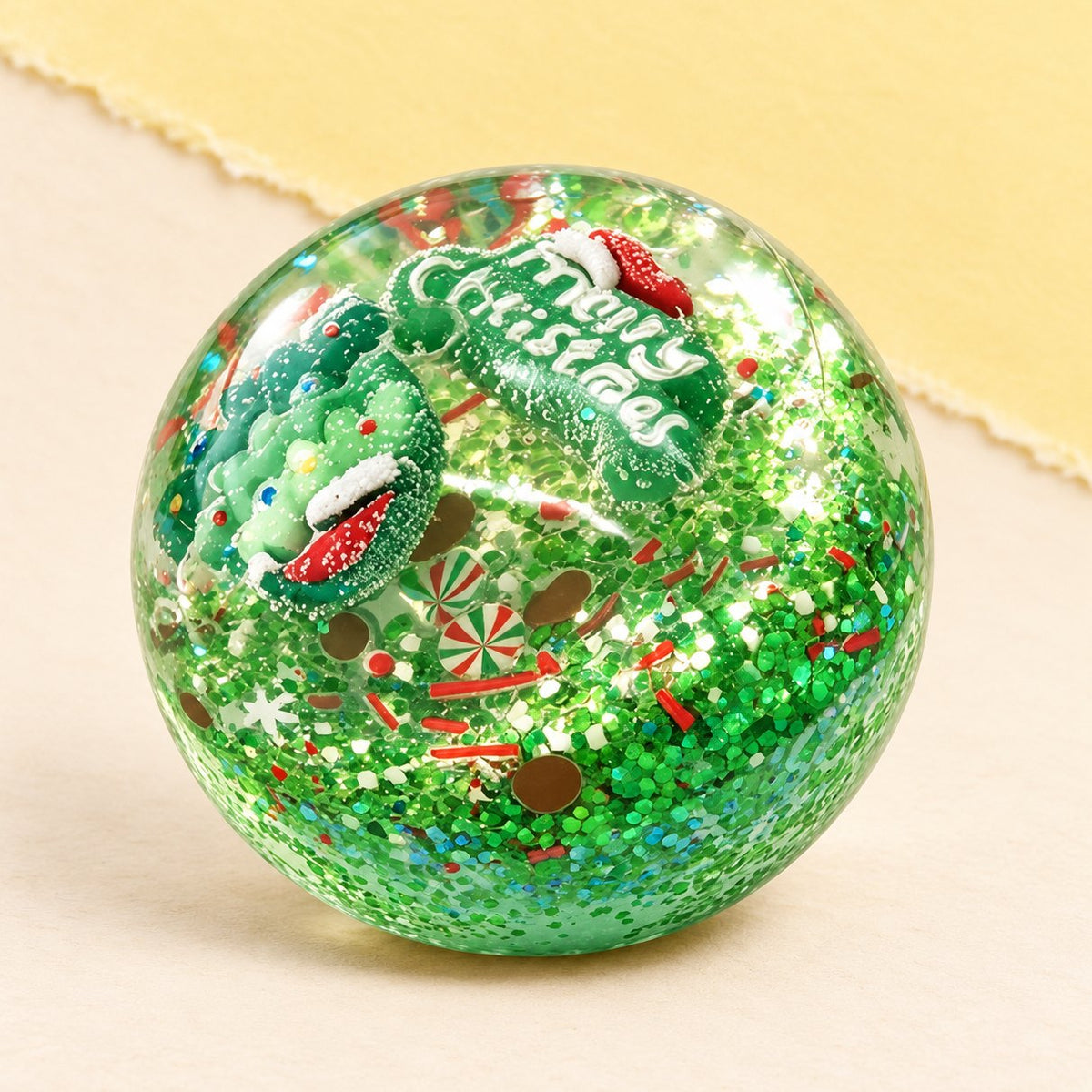 Squishy de bola de Navidad con aceite de coco, 6,5 cm, verde con copo de nieve, en caja de regalo