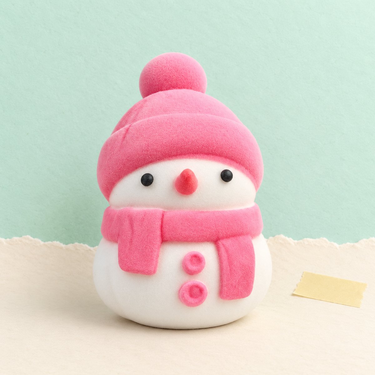Squishy boneco de neve, mole como mochi e slow rising, em rosa no saco, sobre papel pastel