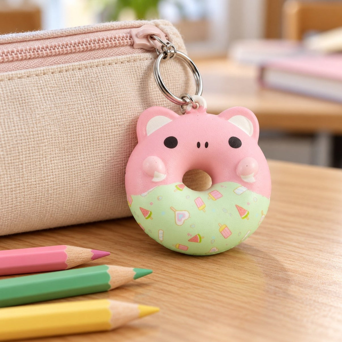 Squishy brelok donut z buzią zwierzaka na szkolnej ławce obok piórnika