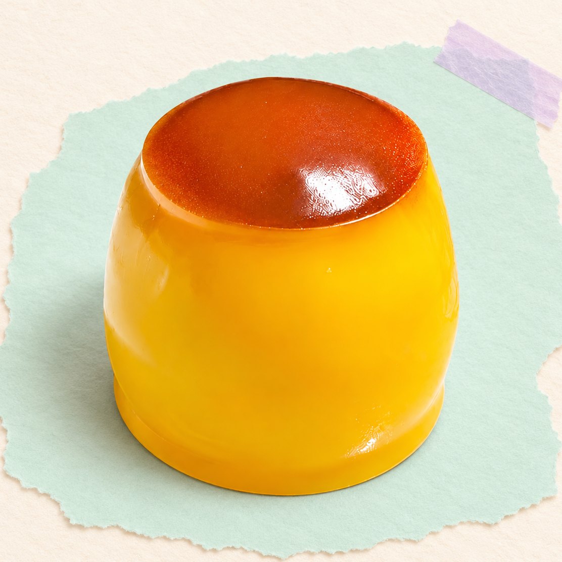 Squishy budino al caramello, foto del prodotto su carta pastello