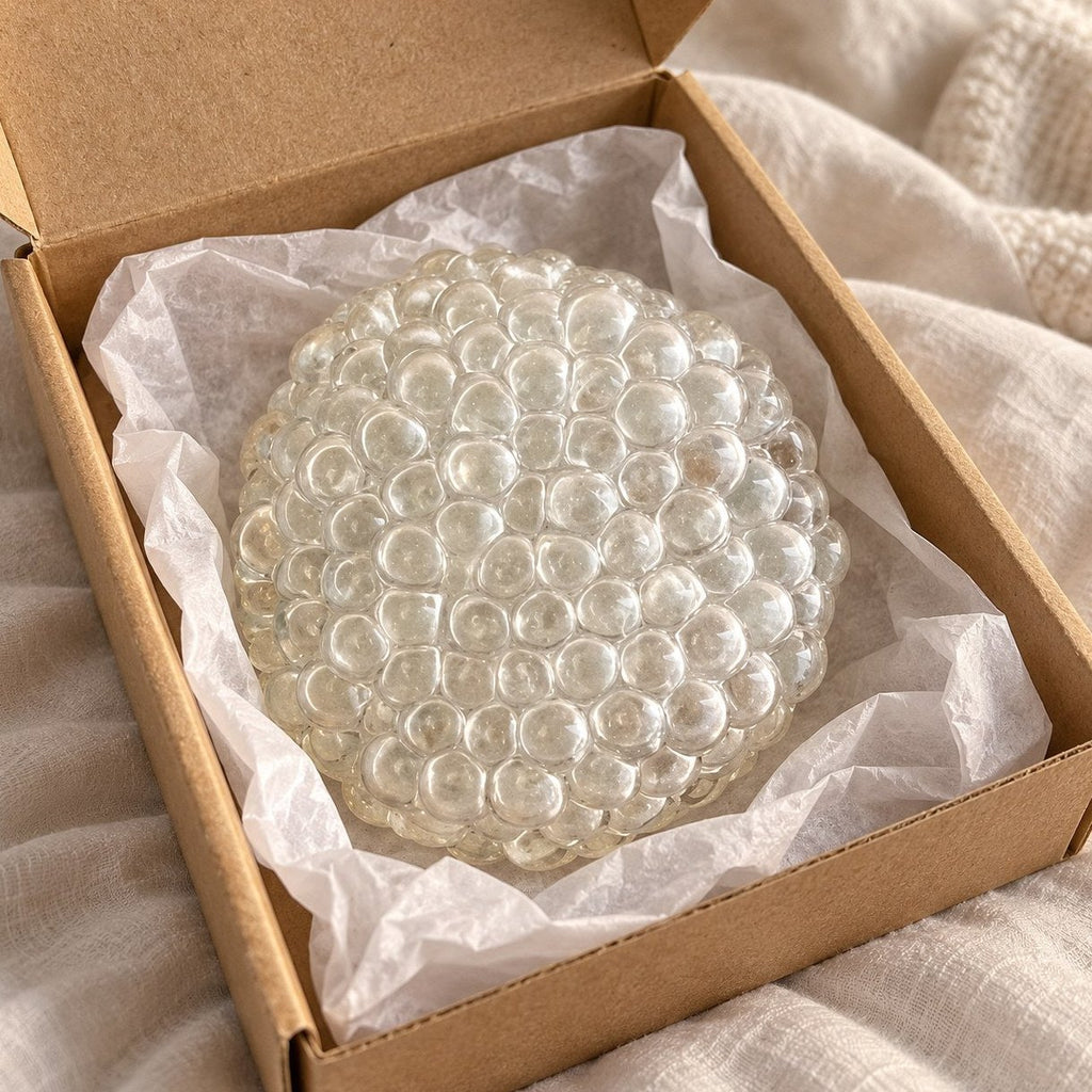 Déballage d'un squishy bulle de verre crunchy transparent, avec du papier de soie