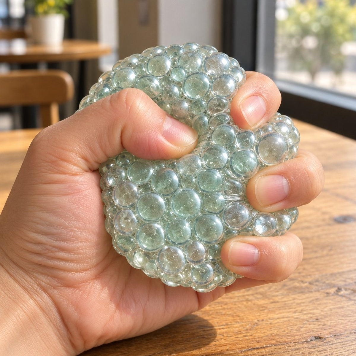 Main qui presse un squishy bulle de verre vert menthe