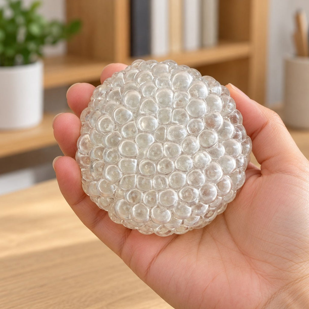 Squishy bulle de verre transparent tenu dans la main pour montrer sa taille
