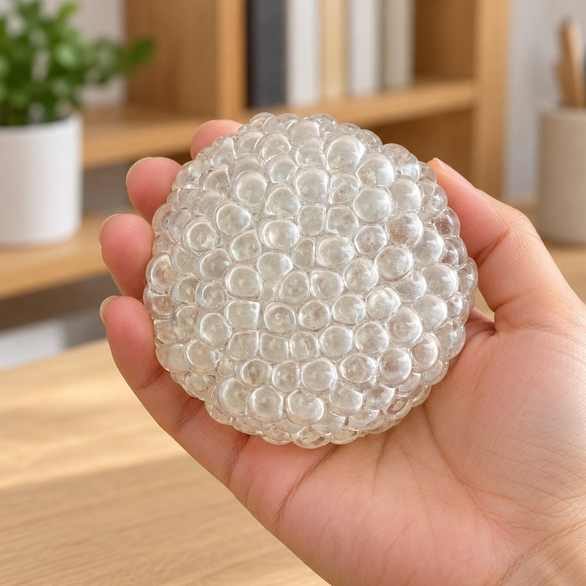 Squishy bulle de verre transparent tenu dans la main pour montrer sa taille
