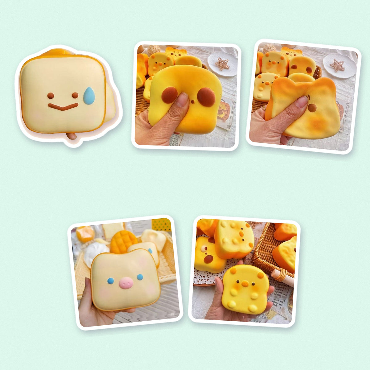 Squishy toast kawaii, les 5 visages, lot de squishies