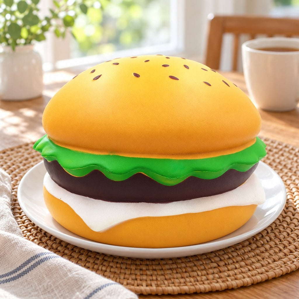 Squishy burger jumbo, burger géant au sésame de 24 cm, dans une assiette au petit-déjeuner