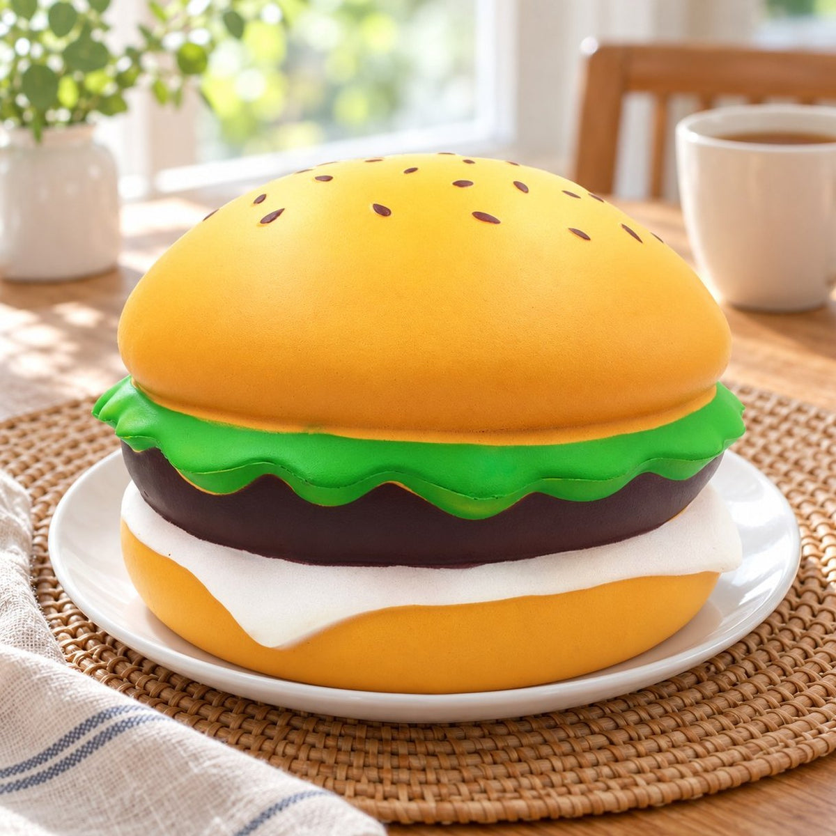 Squishy burger jumbo, burger géant au sésame de 24 cm, dans une assiette au petit-déjeuner