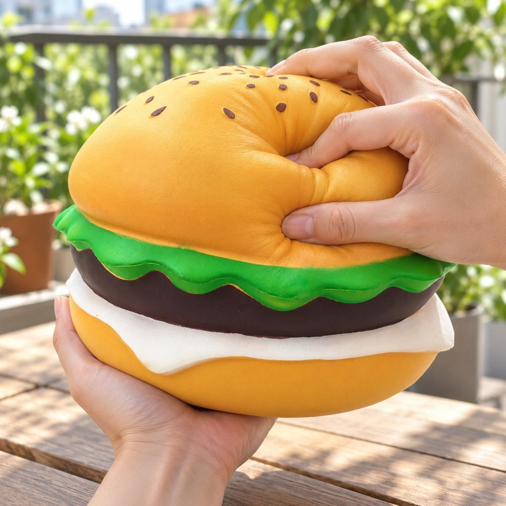 Jumbo squishy burger při mačkání v ruce, poddajný na dotek